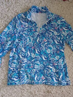 Talbots Hello Saturday Rash Guard Top LP Petite Blue Nautical Print 1/4 Zip UPF